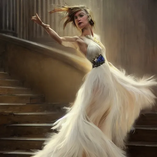 Image similar to hyperrealistic portrait of a woman as amber heard running down a staircase noir white swan dress wearing sapphire jewellery feather collar by jeremy mann and alphonse mucha, fantasy art, photo realistic, dynamic lighting, artstation, poster, volumetric lighting, very detailed faces, 4 k, award winning