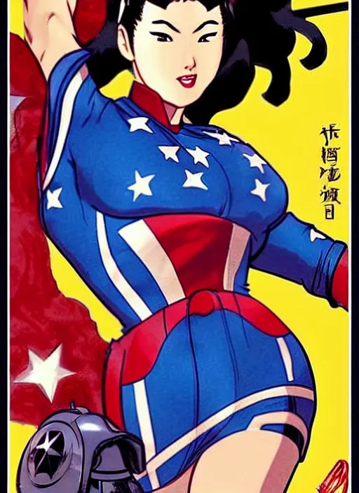 Prompt: asian female captain america. feminist captain america wins ww 2. american ww 2 propaganda poster by masamune shirow, rob liefeld and pixar. gorgeous face. geisha. pin up. overwatch.