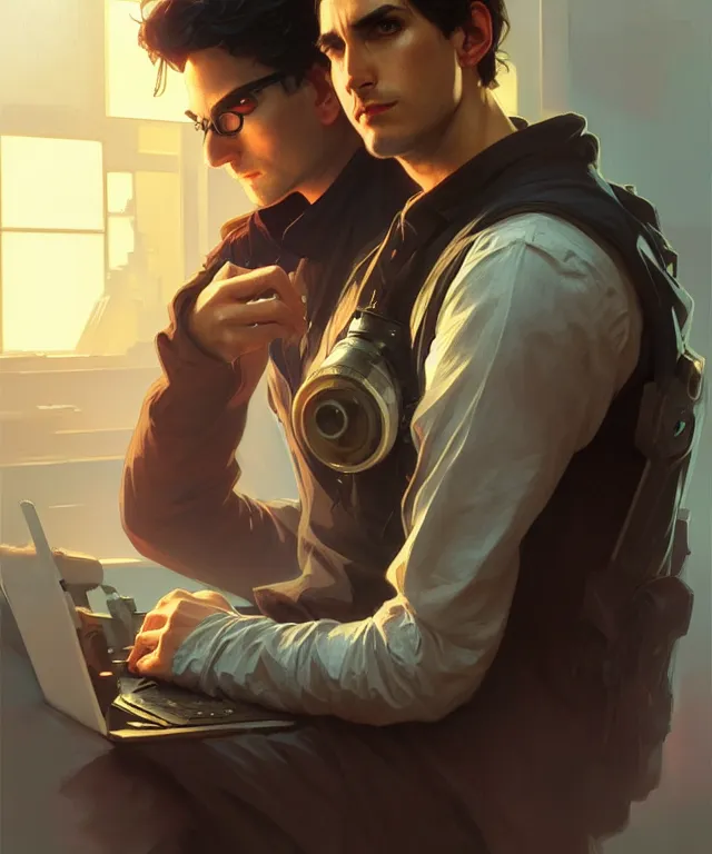 Image similar to Hacker man hacks computer, highly detailed, digital painting, artstation, concept art, smooth, sharp focus, illustration, art by artgerm and greg rutkowski and alphonse mucha