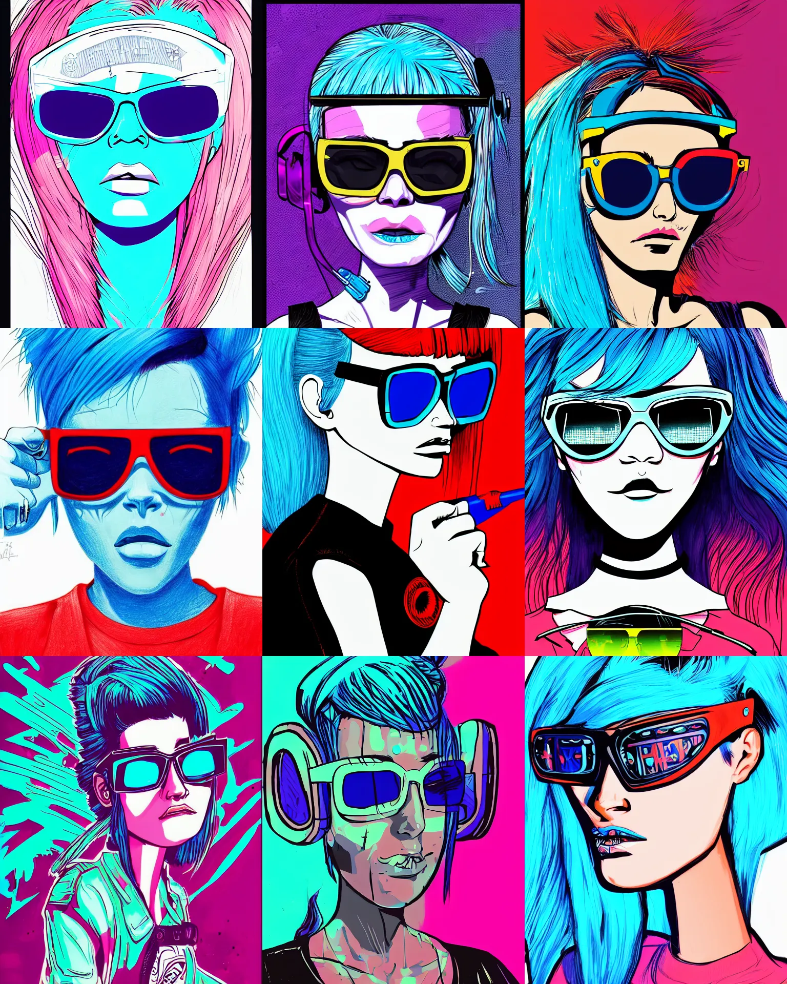 Prompt: a drawing of a girl with bright blue hair wearing sunglasses, cyberpunk art by Jamie Hewlett, behance contest winner, process art, art on instagram, retrowave, pop art
