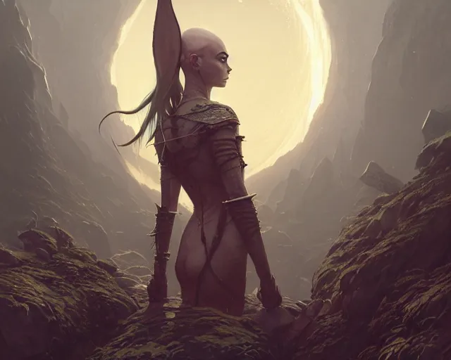 Image similar to highly detailed portrait of cara delevingne as a bald elf, in skyrim, stephen bliss, unreal engine, fantasy art by greg rutkowski, loish, rhads, ferdinand knab, makoto shinkai and lois van baarle, ilya kuvshinov, rossdraws, tom bagshaw, global illumination, radiant light, detailed and intricate environment