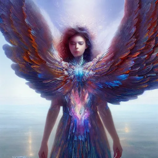 Image similar to UHD hyperrealistic photorealisitc, detailed cosmic Angel robot, with real wings, by Greg Rutkowski and Amano, tonalism, rich deep colors masterpiece