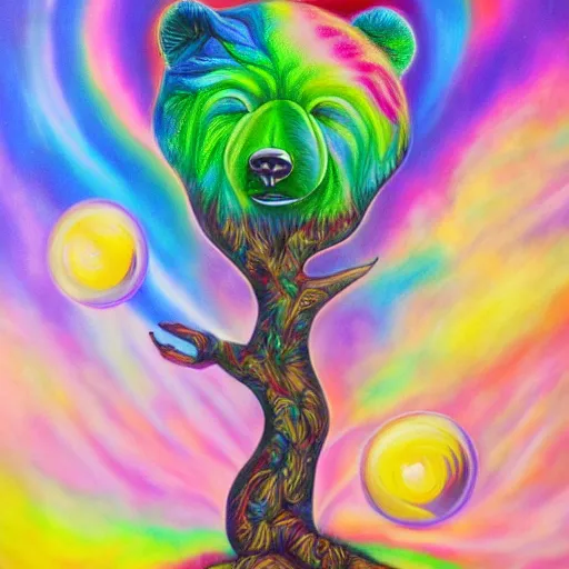 Image similar to a painting of a bear in a tree, an airbrush painting by lisa frank, trending on deviantart, psychedelic art, detailed painting, airbrush art, acrylic art