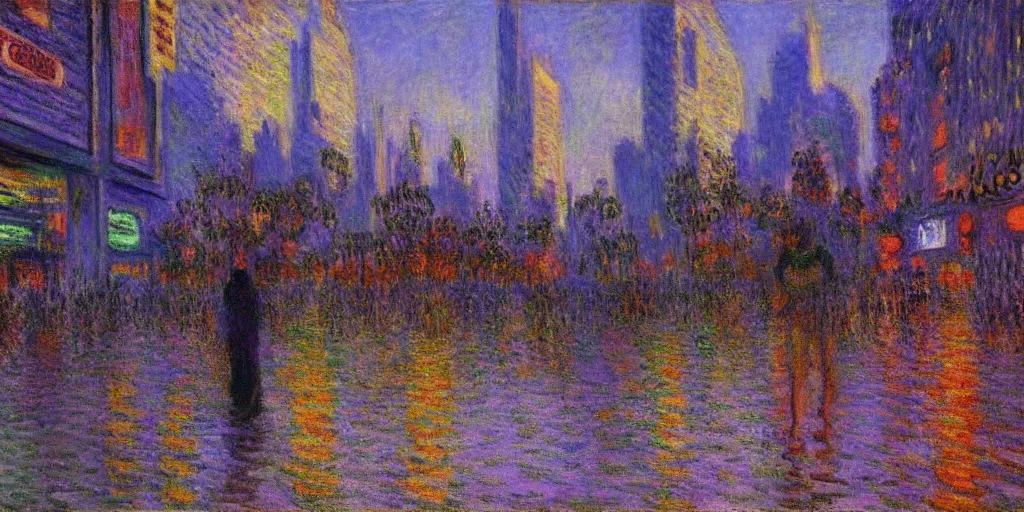 Image similar to unicorn in a futuristic cyberpunk town. By Claude Monet, highly detailed