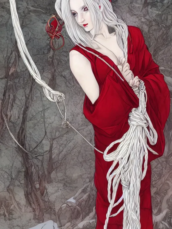 Prompt: hyper-realistic illustration of a gorgeous!!! woman with long white hair, pale skin, devilish horns, red eyes | wearing a white and red kimono & large rope tied around her wait with two giant bells at the ends | holding an old, tattered, beat up book | casting a magical spell | surrounded by Will-o'-the-wisp, spirits | cyberpunk, grunge, android, geisha, elf | digital painting, artstation, concept art, character design, sharp focus, illustration, highly detailed, smooth | drawn by WLOP, drawn by sakamichan, drawn by ross tran, drawn by peter kemp, drawn by hikari shimoda, drawn by Dao Trong Le, drawn by Alex Flores | fantasy, dungeons and dragons, dark, evil