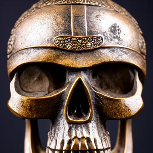 Prompt: skull with a ancient japanese samurai helmet, old bronze statue, intricate detail, full shot, museum lighting, ultra detailed,