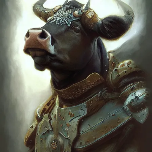Image similar to cow as a realistic fantasy knight, closeup portrait art by donato giancola and greg rutkowski, realistic face, digital art, trending on artstation, symmetry!!
