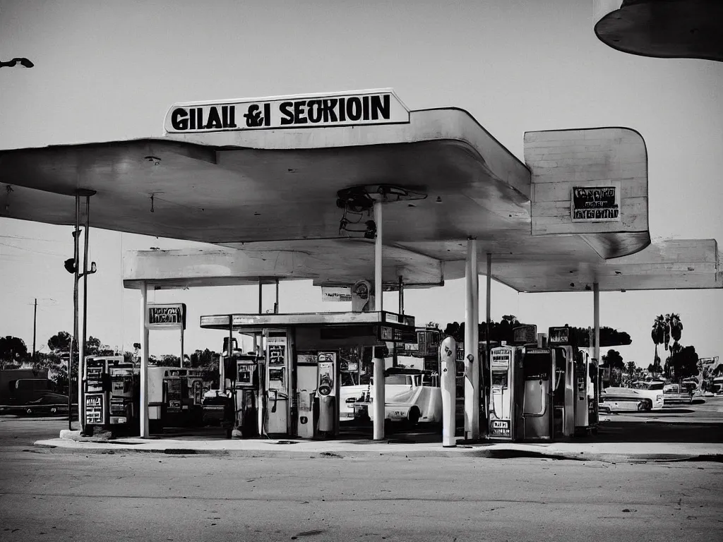 Image similar to “A black and white 28mm photo of a vintage gas station in Los Angeles by estevan oriol”