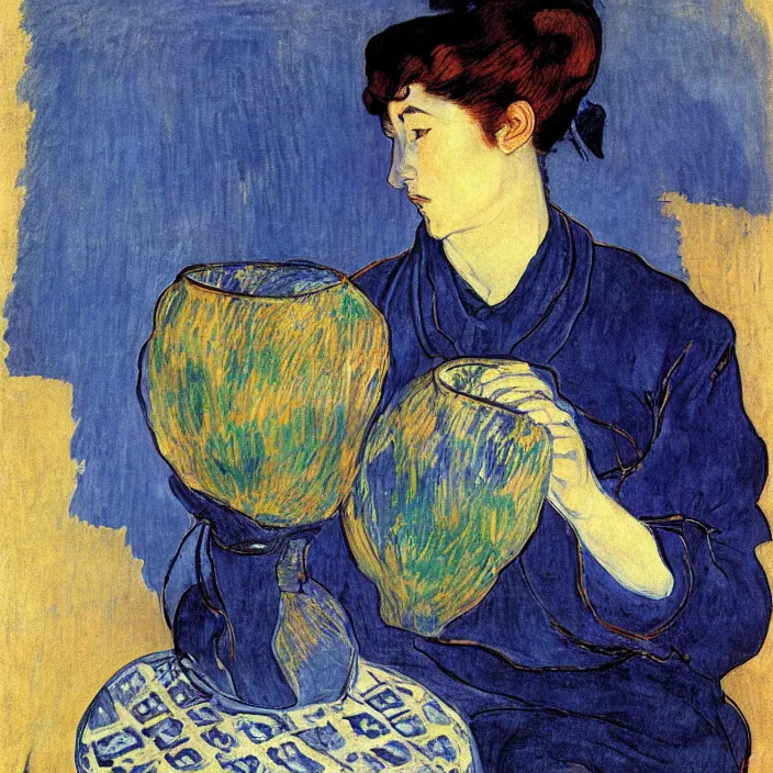 Image similar to woman with painted vase with vase. deep dark indigo blue. henri de toulouse - lautrec, ferdand hodler, egon schiele, gauguin, utamaro