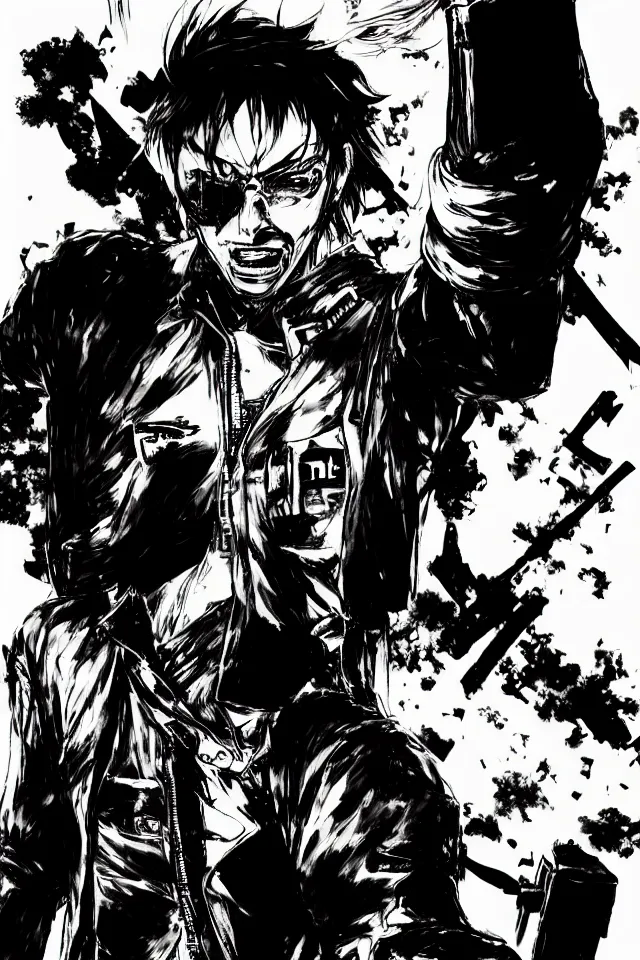 Prompt: a full - body portrait of chainsaw man, in yoji shinkawa's art style, metal gear solid art style, manga, highly detailed, 4 k, artistic, white background, b & w