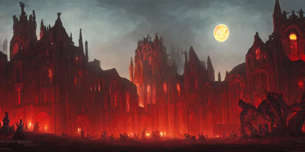 Image similar to highly detailed portrait painting of ancient abbey warhammer battle, old abbey in the background, full red moon, by eddie mendoza and tyler edlin, 8 k resolution