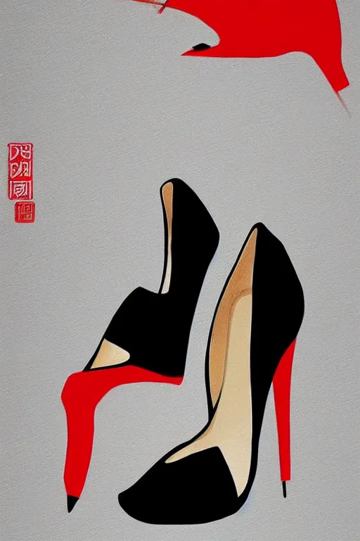Prompt: black high heels with red bottoms, illustration, graphic design, high fashion, wall art, elegant, japanese art style,