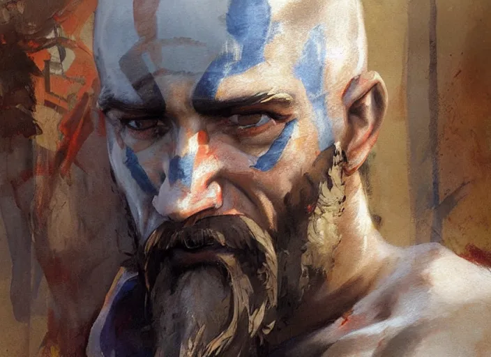 Image similar to a highly detailed beautiful painting of a homeless man as kratos, by gregory manchess, james gurney, james jean