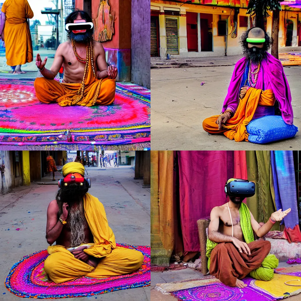 Prompt: An Indian Sadhu Saadhu wearing a cyberdelic psychedelic virtual reality headset sitting on a rug on a city street using it to project bliss and peacefulness to passerby through psionic powers