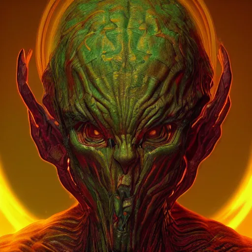 Image similar to photorealistic inhuman alien demon in the style of michael whelan and gustave dore. hyperdetailed photorealism, 1 0 8 megapixels, amazing depth, glowing rich colors, powerful imagery, psychedelic overtones, 3 d finalrender, 3 d shading, cinematic lighting, artstation concept art