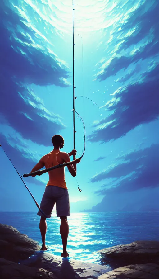 Image similar to highly detailed portrait of one athletic modern jamaican man, fishing, magical glowing fishing rod, ocean background, unreal engine, fantasy art by greg rutkowski, loish, rhads, makoto shinkai and lois van baarle, ilya kuvshinov, rossdraws, tom bagshaw, global illumination, radiant light, detailed and intricate environment