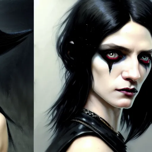 Image similar to portrait painting of an androgynous witch with shoulder length black hair pale skin and beautiful eyes wearing a punk clothes, ultra realistic, concept art, intricate details, eerie, highly detailed, photorealistic, octane render, 8 k, unreal engine. art by artgerm and greg rutkowski and magali villeneuve and alphonse mucha