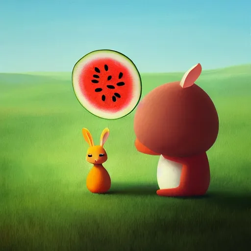 Image similar to a painting of a bunny and a watermelon, a storybook illustration by goro fujita, trending on cgsociety, pop surrealism, 2 d game art, storybook illustration, behance hd