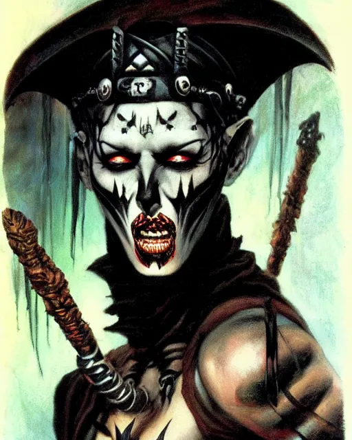 Image similar to portrait of a skinny punk goth sorcerer by simon bisley, john blance, frank frazetta, fantasy, barbarian