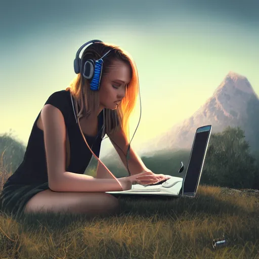 Prompt: photorealistic illustration of beautiful girl working on black laptop at old van on nature, long blonde hair, blue eyes, headphones, sunset at mountains, high detailed, octane render, Pasquale Scionti on Artstation