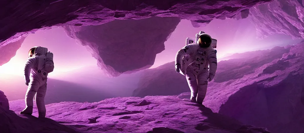 Image similar to astronaut on purple [ [ [ crystal ] ] ] caves, amethyst, beautiful dynamic lighting, cinematic, wide angle establishing shot, extremely high detail, photo realistic, cinematic lighting, matte painting, interstellar, greg rutkowski, roger deakins