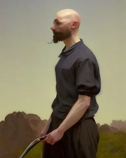 Image similar to a bald nonbinary moustachioed it specialist at work. fantasy art by greg rutkowski, gustave courbet, rosa bonheur, edward hopper. faithfully depicted facial expression, perfect anatomy, sharp focus, global illumination, radiant light, detailed and intricate environment, trending on artstation