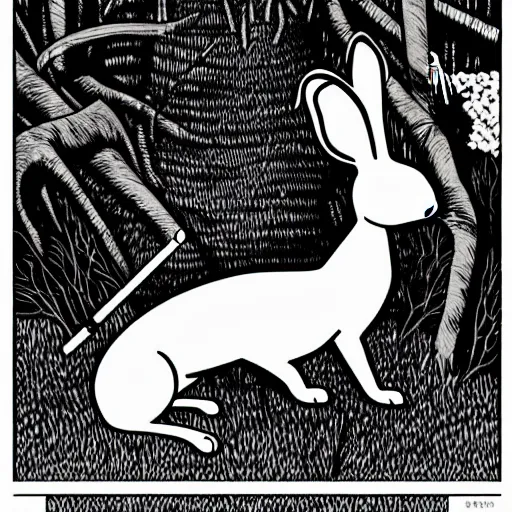 Image similar to an epic profile of a rabbit smoking a cigarette deep in the forest, striking pose, black and white illustration, creative design by junji ito