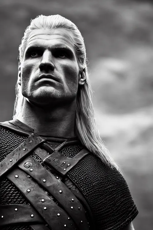 Image similar to upper body portrait of geralt of rivia, 5 5 mm lens, professional photograph, serious, stern look