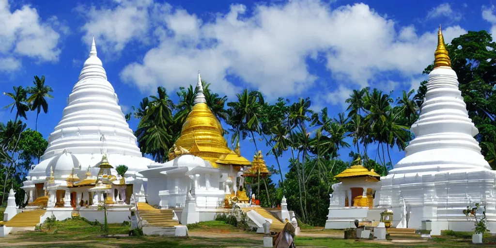 Image similar to sri lankan temple with white stupa, drawn by hayao miyazaki