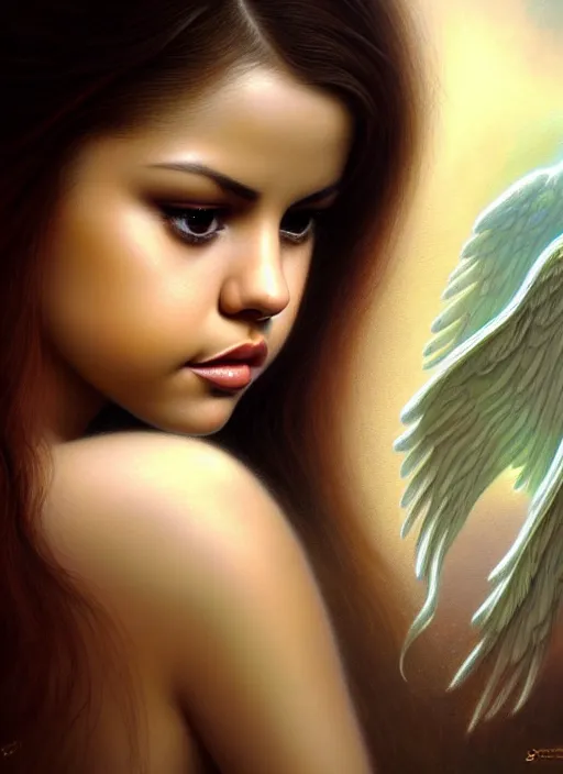 Prompt: selena gomez as an angel, aesthetic, fine art, intricate, elegant, highly detailed, realistic hair, centered, digital painting, art station, conceptual art, soft, sharp focus, illustration, artwork, artgerm, tomasz alen kopera, peter mohrbacher, donato giancola, wlop, boris vallejo