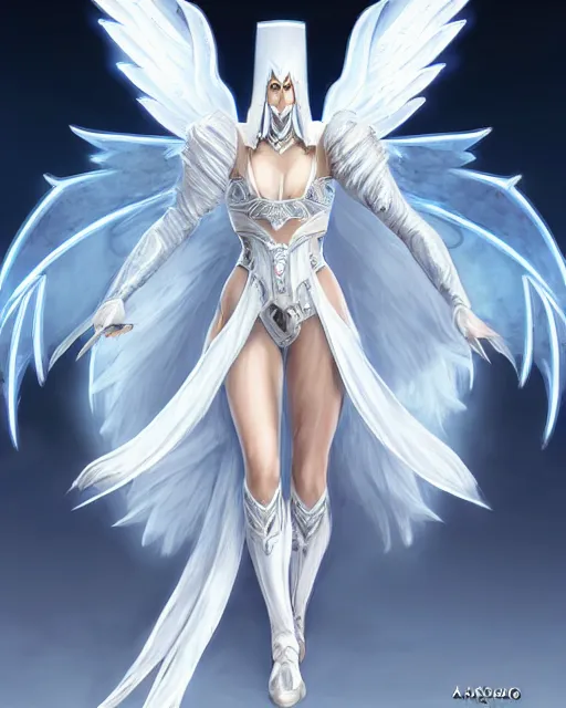 Image similar to perfect white haired egyptian goddess wearing white dove wings, warframe armor, regal, attractive, ornate, sultry, beautiful, dreamy, half asian, pretty face, blue eyes, detailed, scifi platform, 4 k, ultra realistic, epic lighting, android body, illuminated, cinematic, masterpiece, art by akihito tsukushi, voidstar, artgerm