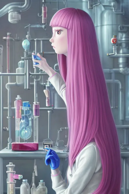 Image similar to highly detailed, industrial photography, profile view of adult princess bubblegum from adventure time, working in her science lab, wearing lab coat, long bubblegum hair, long straight bangs, confident, beautiful, attractive, illustration concept art by nicoletta ceccoli, mark ryden, lostfish, detailed and intricate environment, 8 k resolution, hyperrealistic, octane render