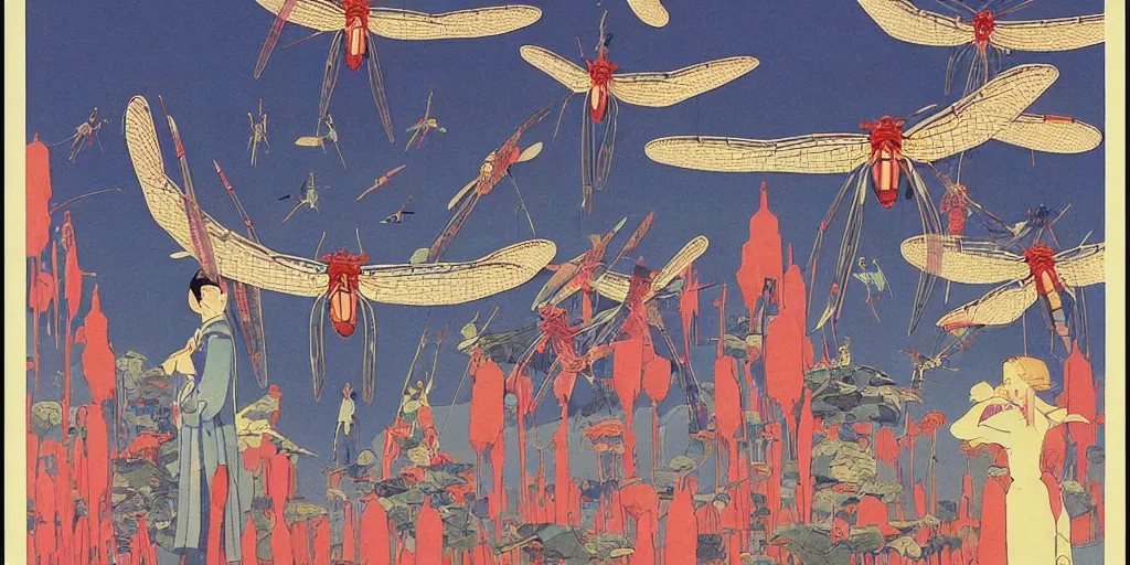 Image similar to gigantic dragonflies with human faces catch tiny robots, a lot of exotic mechas robots around, human heads everywhere, risograph by kawase hasui, edward hopper, satoshi kon and moebius, no text!, colorful flat surreal design, super - detailed, a lot of tiny details, fullshot