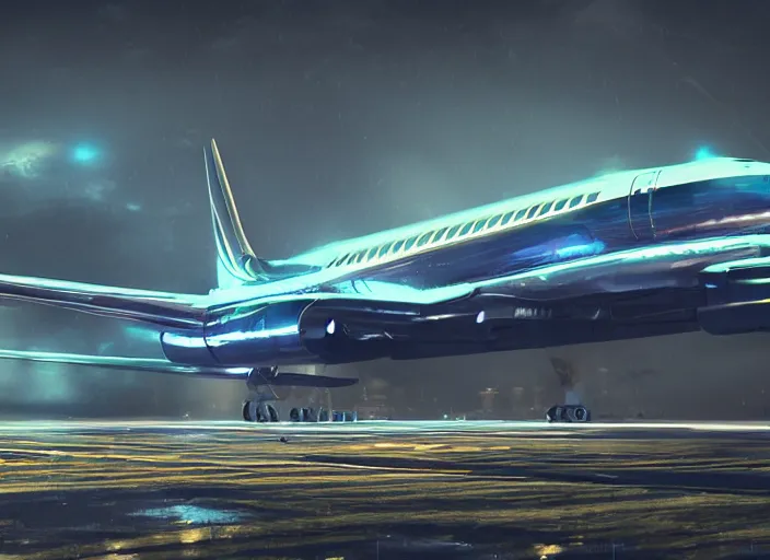 Image similar to immense futuristic jet plane arrives at runway of cyberpunk airport at night ,cinematic lighting, concept art