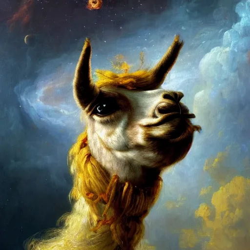 Image similar to detailed baroque portrait of a llama with dreadlocks, realistic creature concept, heroic pose, space nebula in background, Ilya Repin oil painting, by chriss foss, 4k, artstation