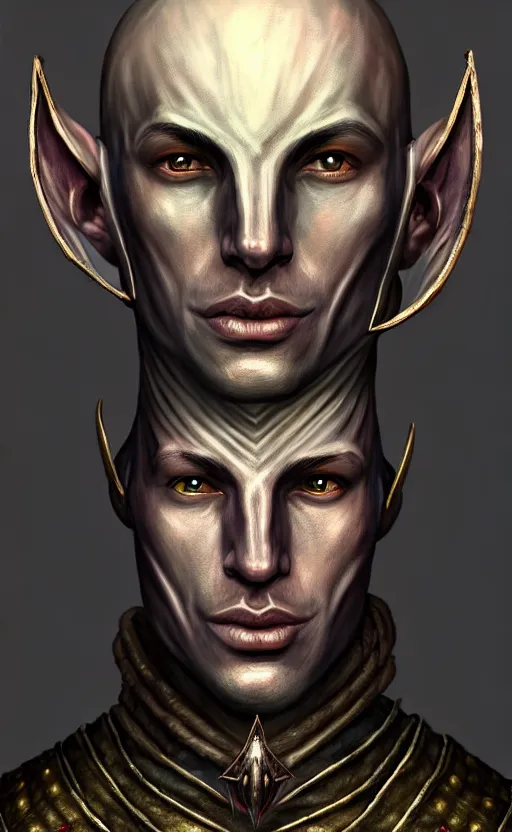 Image similar to hyperrealistic morrowind dunmer male nerevarine in front of a silk strider, 3 / 4 portrait, symmetrical face, handsome face, full body dnd character portrait, medieval armor, morrowind armor, oblivion armor, skyrim armor, eso armor, intricate, highly detailed, elegant, 4 k, artstation, deviantart