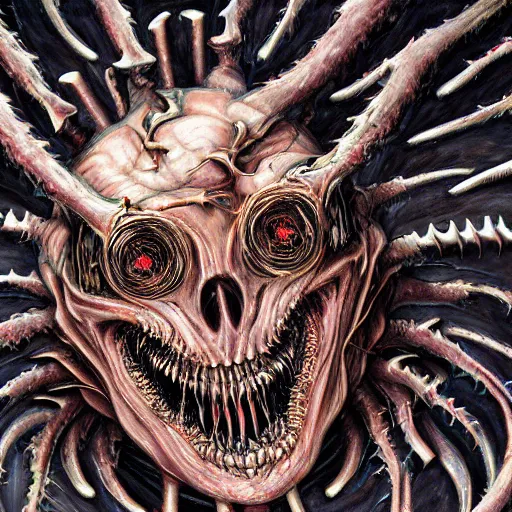 Prompt: Hyper detailed painting of a horrid eyeless biomechanical abomination covered in endless teeth as it devours The Void itself.