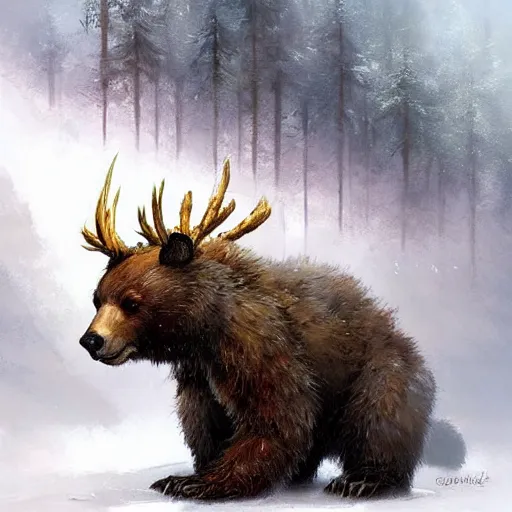 Prompt: a creature that is a hybrid between a bear and a bunny with golden brown antlers. Jordan Grimmer. Geoffroy Thoorens. Jakub Różalski.