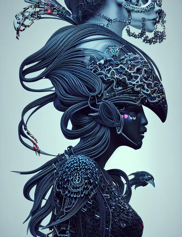 Image similar to 3 d goddess close - up profile simple portrait cybernetic with skull. beautiful intricately detailed japanese crow kitsune mask and clasical japanese kimono. betta fish, jellyfish phoenix, bio luminescent, plasma, ice, water, wind, creature, artwork by tooth wu and wlop and beeple and greg rutkowski