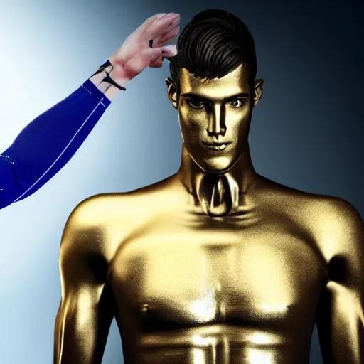 Image similar to a realistic detailed photo of a guy who is an attractive humanoid who is half robot and half humanoid, who is a male android, attractive and handsome soccer players, shiny skin, posing like a statue, blank stare, in a factory, on display, showing off his muscles, gold soccer shorts, side view, looking at each other mindlessly