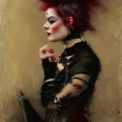 Image similar to solomon Joseph Solomon and Richard Schmid and Jeremy Lipking victorian genre painting portrait painting of a young beautiful woman Margot Robbie punk rock goth with punk rock haircut in fantasy costume, red background