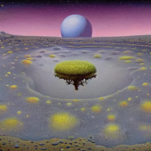 Prompt: a landscape on the moon with many craters, barren moon landscape, in a big crater at the center there is a beautiful flowering garden, 8 k, lowbrow in the style of martin johnson heade, roger dean, mark ryden and daniel merriam,