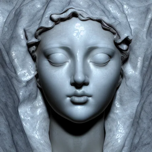 Image similar to “a delicate renaissance marble sculpture of a !female !!face , covered with water veil, highly detailed transparent marble cloth, gi, global illumination, physically based rendering, photorealistic, top light , dark background”