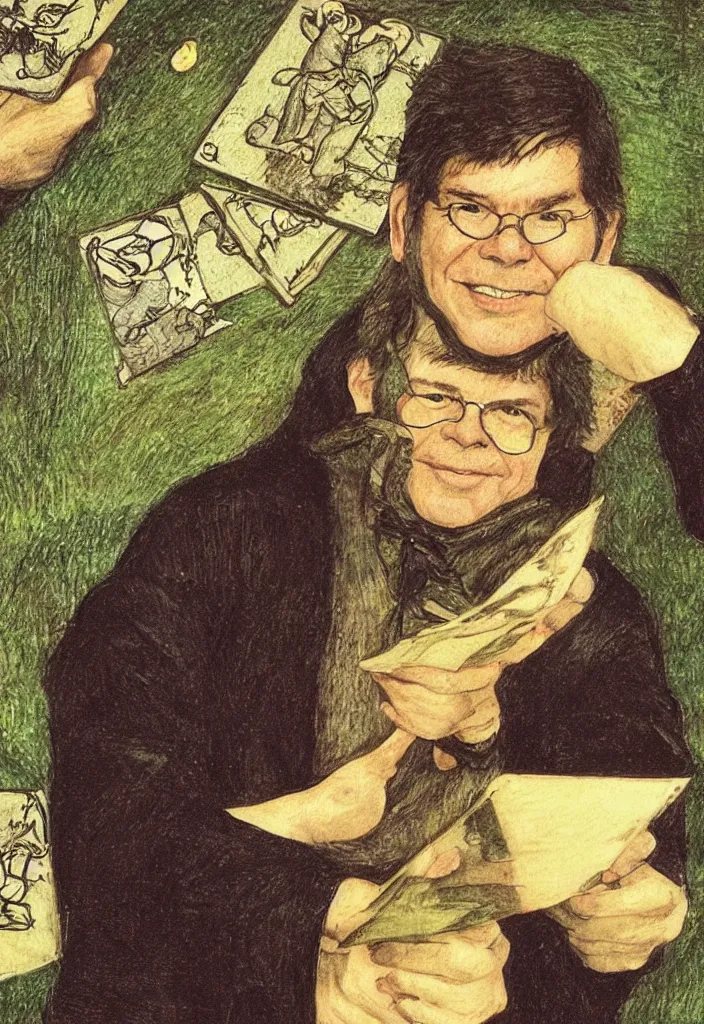 Image similar to Yann LeCun smiling on the Rider–Waite tarot. Illustration by preraphaelists.