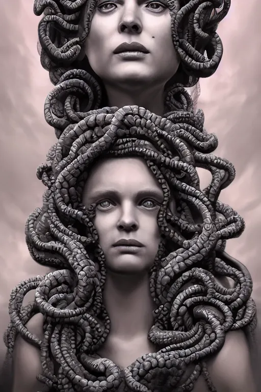 Image similar to a detailed matte portrait of medusa mother of the gorgons, elaborate regal reliefe, clouds, shrouded, trending on artstation, photorealistic, cgi, 8 k