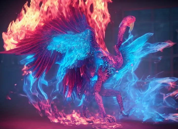 Image similar to pink and blue flaming phoenix, unreal engine 5, intricate, detailed, realistic