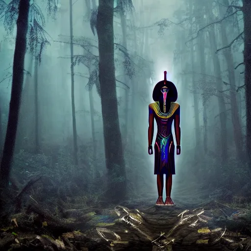 Image similar to a mystical alien pharaoh standing in a dark, gloomy forest, detailed, mythical, mist, depressing, tired, dark, lush, nature, mist, mystery, glows, somber, dismal, fog, heavy fog, dark lighting, rim light, ambient light,