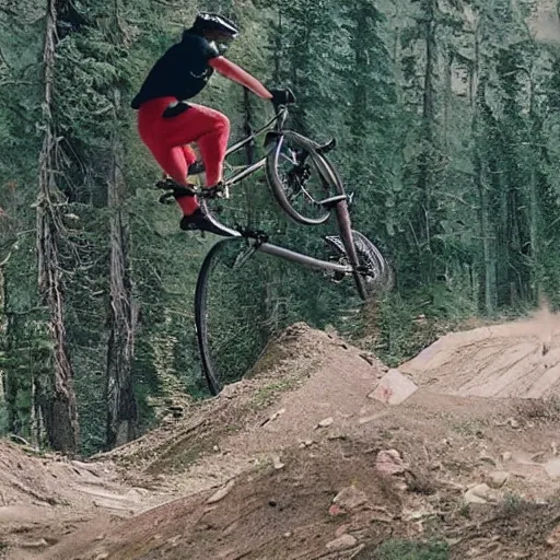 Prompt: a film still of jesus christ doing a backflip on a mountainbike