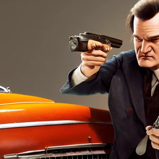Prompt: hyper real photo of quentin tarantino with Pistol in 1930s, film noir style, octane render, cinematic portrait, insanely detailed