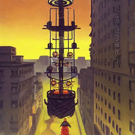 Image similar to A mysterious glowing pineapple shines above a city square, dieselpunk, by Studio Ghibli and Edward Hopper